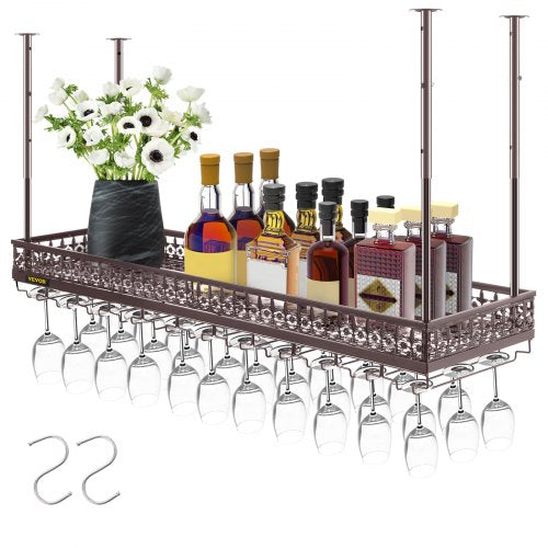 Adjustable coppery ceiling wine glass rack with shelf for bottles and flowers.