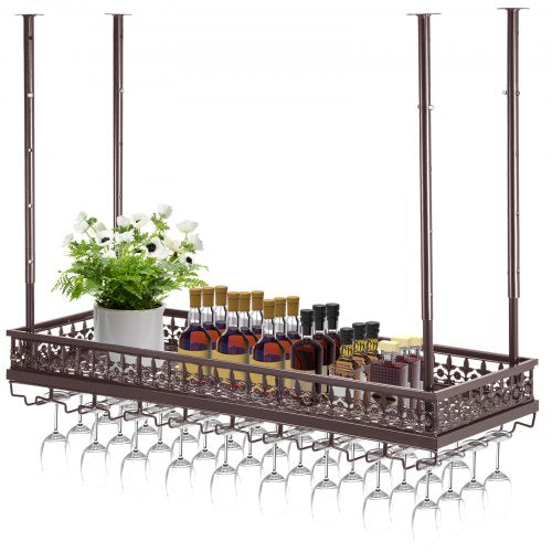 Coppery ceiling-mounted wine glass rack with adjustable height and width for space-saving storage.