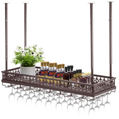 Coppery ceiling-mounted wine glass rack with adjustable height and width for space-saving storage.