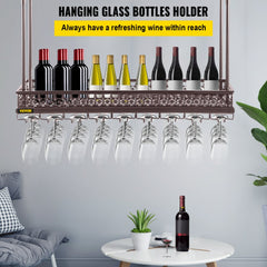Coppery ceiling wine glass rack with adjustable height and width for efficient storage.