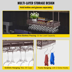 Coppery ceiling-mounted wine glass rack with adjustable height and width for efficient storage.