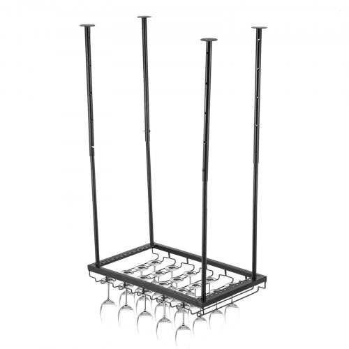 Black metal ceiling wine glass rack with adjustable height and space for 24 glasses.