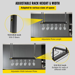 Black metal ceiling-mounted wine glass rack with adjustable height and hooks for glass storage.