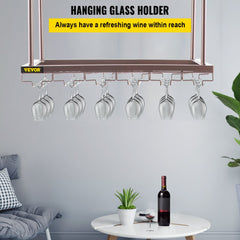 Coppery ceiling wine glass rack with adjustable height and capacity for 24 glasses.