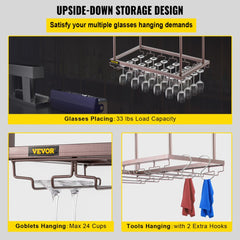 Ceiling-mounted wine glass rack with adjustable height and a coppery finish for 24 glasses.