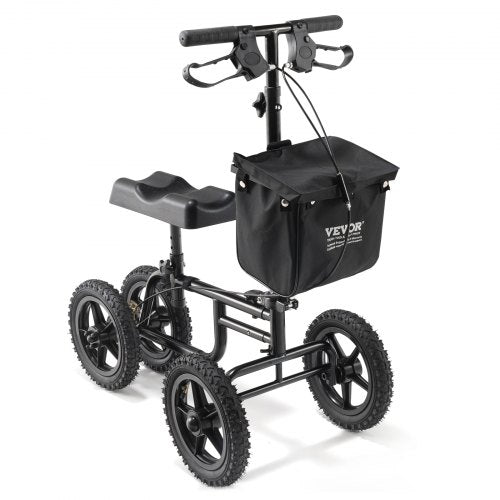 Black carbon steel all-terrain knee scooter with adjustable heights and 12-inch tires.
