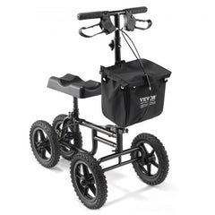 Black carbon steel all-terrain knee scooter with adjustable heights and 12-inch tires.