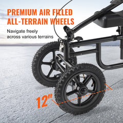 Black carbon steel all-terrain knee scooter with adjustable handlebar and knee pad, 12-inch tires, and dual brakes.