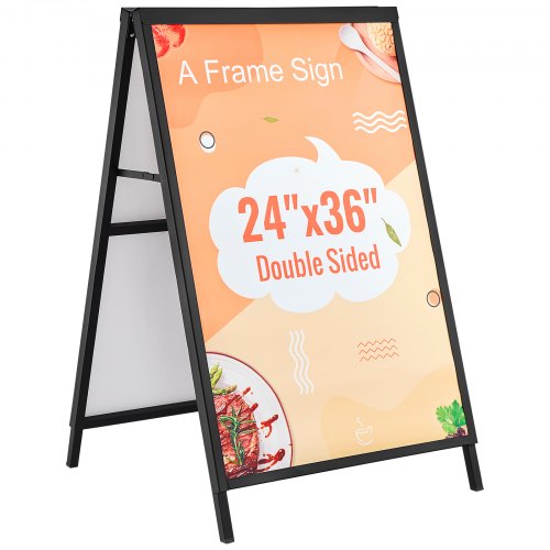 Black steel A-frame sidewalk sign with double-sided poster slots and weather-proof cover.