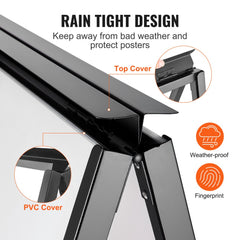 Black steel A-frame sidewalk sign with double-sided poster display and foldable design.
