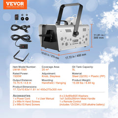Bostome 1500W snow machine with wireless remote, hanging mount, and durable steel construction.