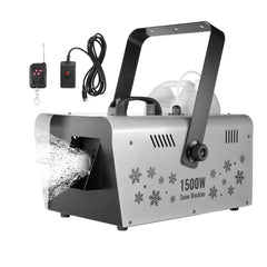 Bostome 1500W snow machine with wireless remote, hanging mount, and 5L water tank.