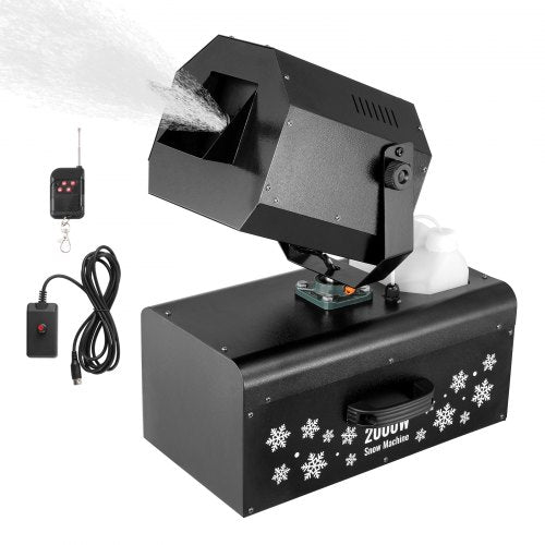 Bostome 2000W snow machine with wireless remote and 90° oscillation for realistic snow effects.