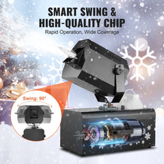 Bostome 2000W snow machine with wireless remote and 90° oscillation for realistic snow effects.