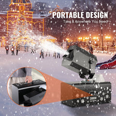 Bostome 2000W snow machine with wireless remote and 90° oscillation for realistic snow effects.