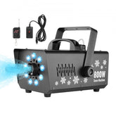 Handheld and hanging snow machine with LED light, 800W motor, and 1L water tank.