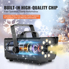 Handheld and hanging snow machine with LED light, 800W motor, and 1L water tank.