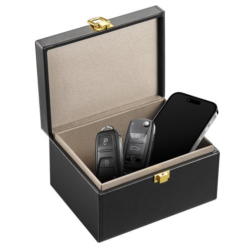 Bostome Faraday Box in black leather, designed to block signals for 5-8 car keys.