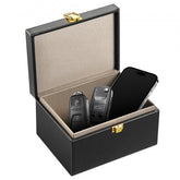Bostome Faraday Box in black leather, designed to block signals for 5-8 car keys.