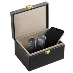 Bostome Faraday Box in black leather, designed to block signals for 5-8 car keys.