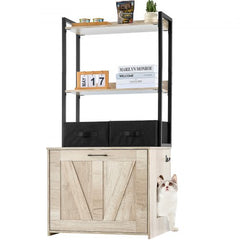 Natural MDF cat litter box enclosure with two shelves and a wide top for easy access.