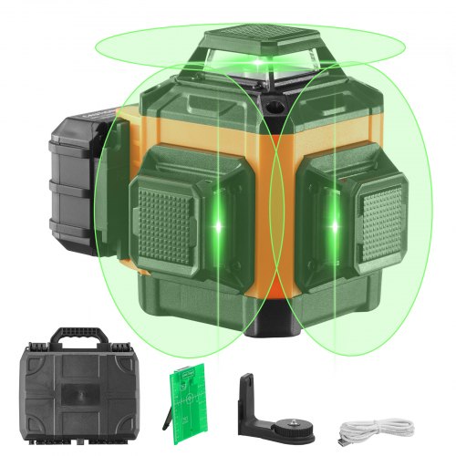 Green self-leveling laser level with three 360° beams and a rugged housing for durability.