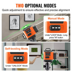 Green self-leveling laser level with three 360° planes and rechargeable battery.