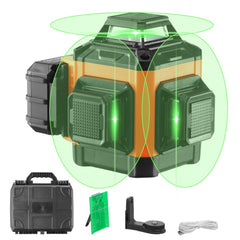Green self-leveling laser level with three 360° planes and magnetic mount for stability.