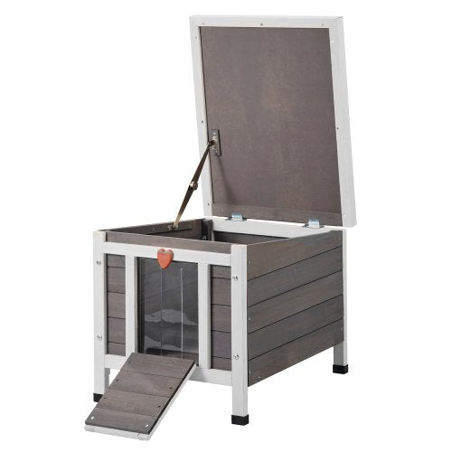 Outdoor wooden cat house with PVC flaps, sloped roof, and spacious interior for pets.