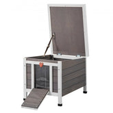 Outdoor wooden cat house with PVC flaps, sloped roof, and spacious interior for pets.