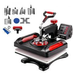 Black 11-in-1 swing-away heat press machine with 15x12 inch platen and accessories.