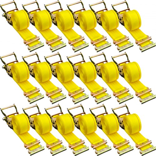 Eighteen yellow E-track ratchet straps with metal hardware are arranged in rows.