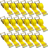 Eighteen yellow E-track ratchet straps with metal hardware are arranged in rows.