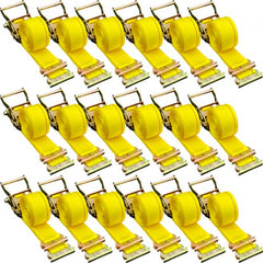 Eighteen yellow E-track ratchet straps with metal hardware are arranged in rows.