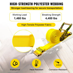 18 yellow polyester ratchet straps with E-track fittings, 2 inches by 15 feet, 4400 lbs breaking strength.