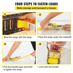 Infographic showing four steps to fasten cargo with yellow E-track ratchet straps.