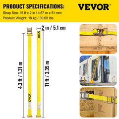 18 yellow 2-inch by 15-foot E-track ratchet straps with 4400 lbs strength, shown securing cargo.
