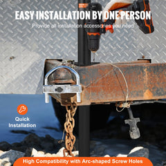 Person installing a 5000 lb A-frame trailer tongue jack on a trailer using a drill and bolts.