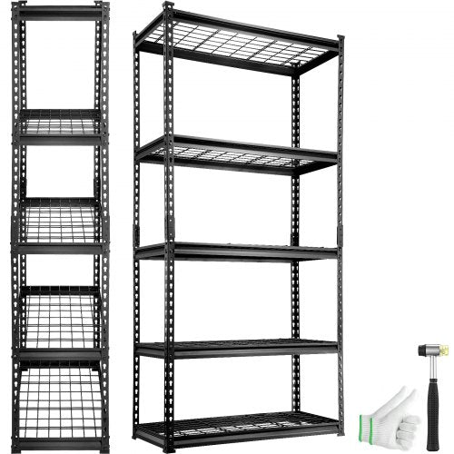 Black 5-tier garage shelving unit made of SPCC carbon steel with adjustable shelves.