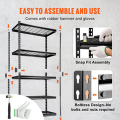 Black 5-tier garage shelving unit made of heavy-duty carbon steel with adjustable shelves.
