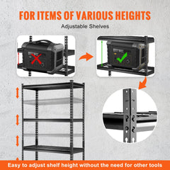 Black 5-tier garage shelving unit with adjustable shelves and 2000 lbs capacity.