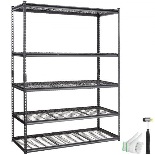 Black 5-tier heavy duty metal shelving unit with gloves and a hammer included.