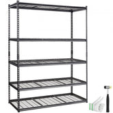 Black 5-tier heavy duty metal shelving unit with gloves and a hammer included.