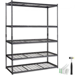 Black 5-tier heavy duty metal shelving unit with gloves and a hammer included.