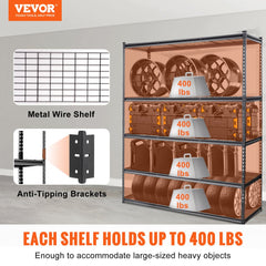Black 5-tier heavy duty metal shelving unit with wire shelves holding up to 400 lbs each.