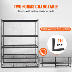 Black 5-tier heavy duty metal shelving unit with adjustable shelves and rubber foot pads