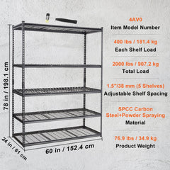 Black 5-tier heavy duty metal shelving unit, 60x24x78 inches, 2000 lbs capacity.
