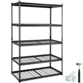 Heavy duty black 5-tier garage shelving unit with 2000 lbs capacity and adjustable shelves.