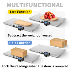 Digital livestock scale with stainless steel platform displaying tare, subtract, and hold functions.
