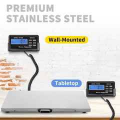 Stainless steel digital livestock scale with 1100lbs capacity, wall-mounted and tabletop views.